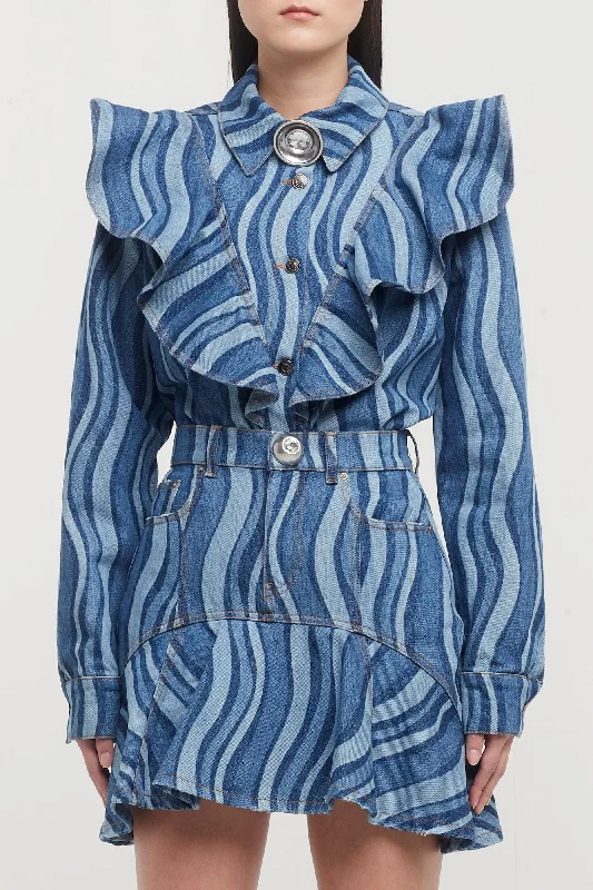 Warm Atmosphere Area Sunray Denim Ruffle Bib Shirt