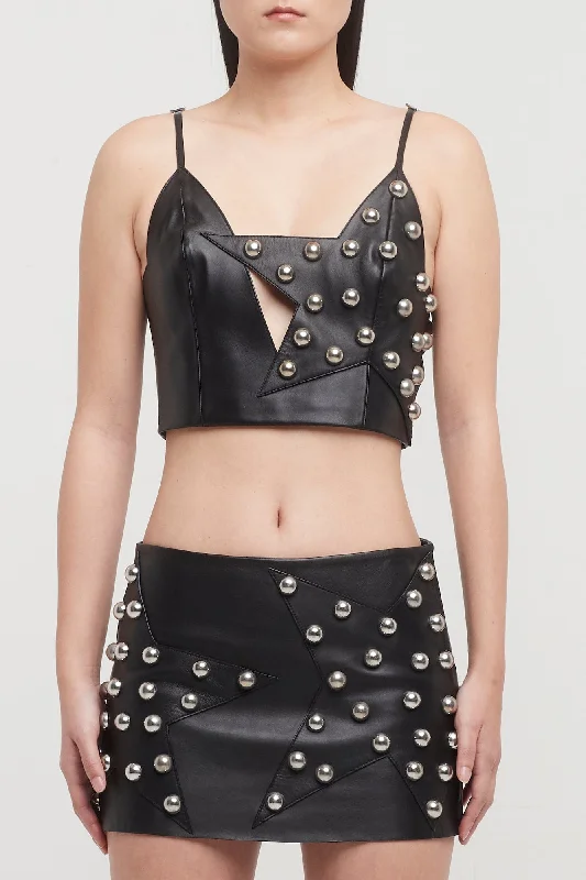 British Fashion Area Studded Polka Dot Leather Top