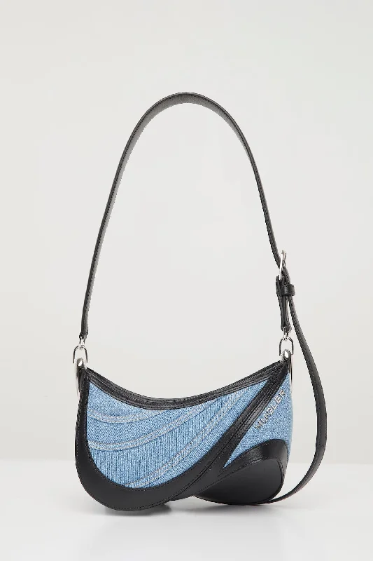 Classic And Versatile Mugler Spiral Denim Bag in Medium Blue with Leather Strap