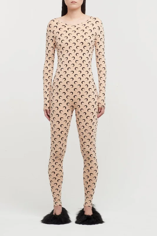 Stretch Design Marine Serre Regenerated All Over Moon Jersey Catsuit in Beige