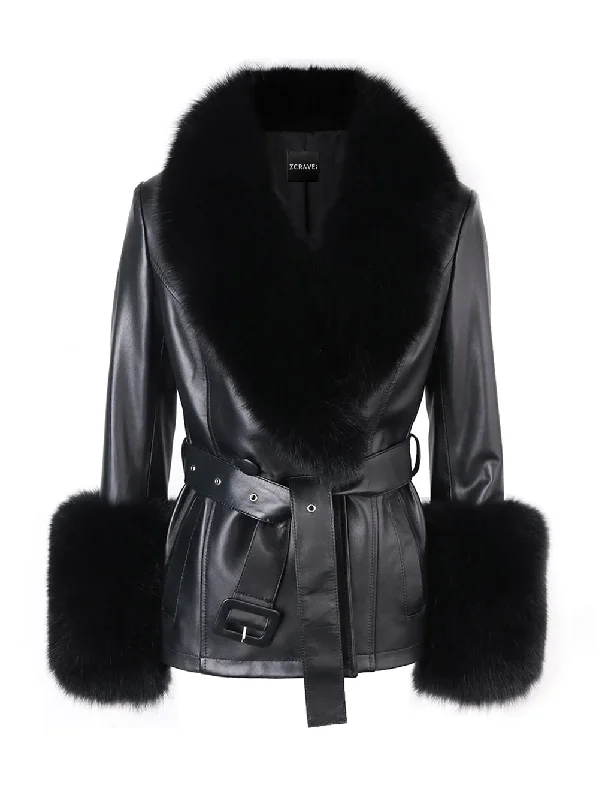 Embroidered Letters Fur Foxy Leather Short Coat in Black