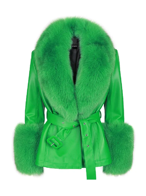 Free And Casual Fur Foxy Leather Short Coat in Green