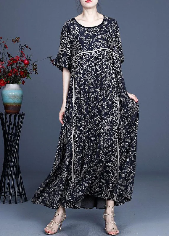 Street Sports Style Women Black O-Neck Vintage Summer Silk Blended Maxi Dresses