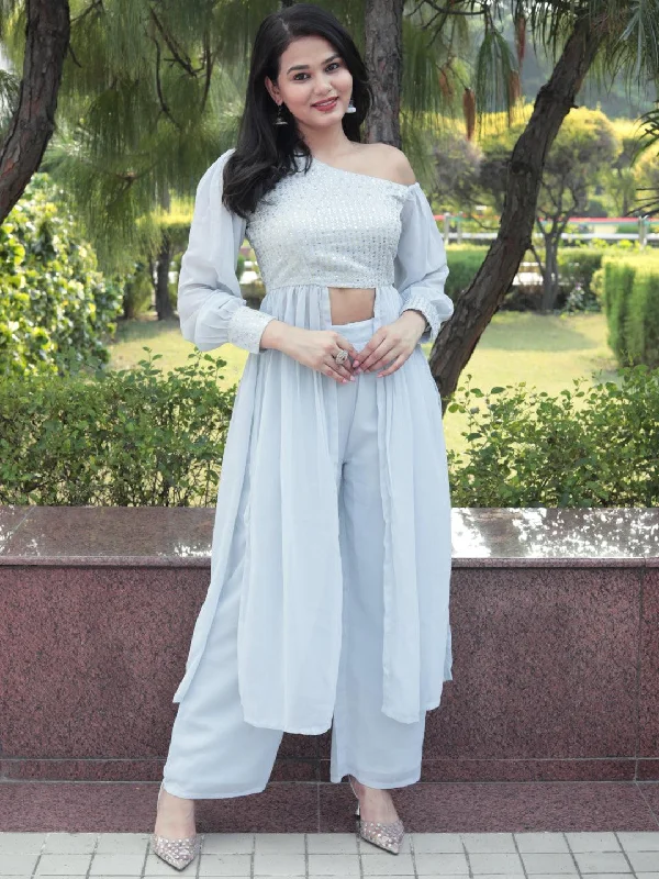 Retro Woolen Jacket Blue Embellished Georgette Co-Ords