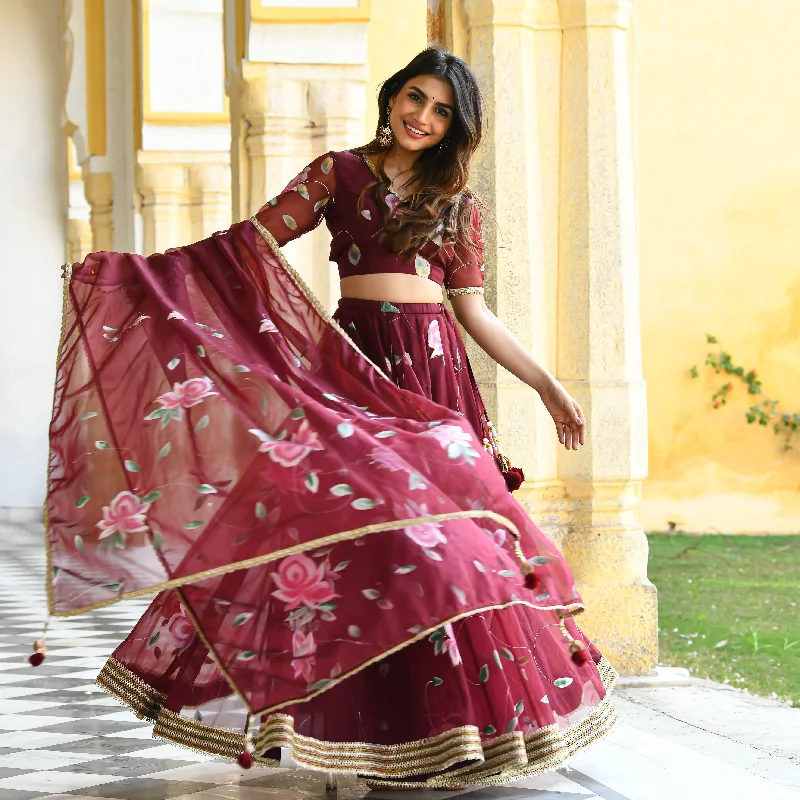 Must-have For Fashion Maroon Floral Handpainted Organza Lehenga
