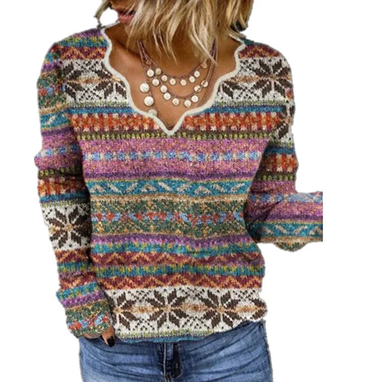 Classic Style Casual Loose Printed V-Neck Tops Long Sleeves Wavy Wholesale Sweater Vendors Classic Style Casual Loose Printed V-Neck Tops Long Sleeves Wavy Wholesale Sweater Vendors